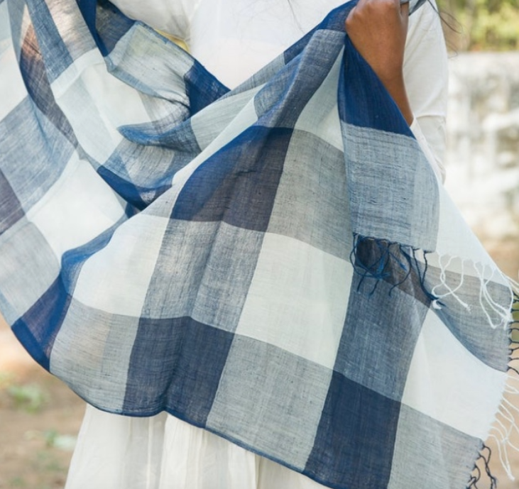 Blue and white checked fabric